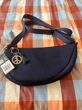 The Sak Navy Quilted Crescent Crossbody with Peace Charm, NWT